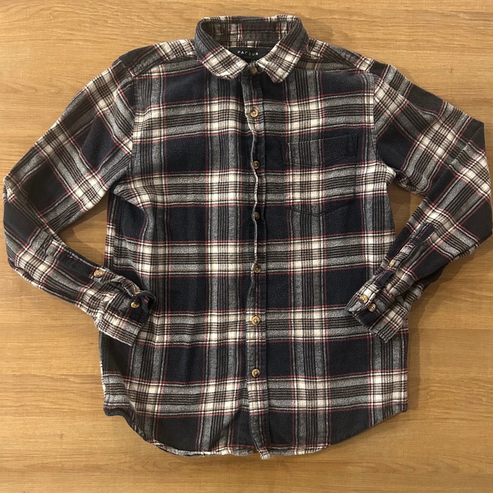 Pacsun Mens Plaid Flannel Long Sleeve Button Up Shirt Navy Red White Size S